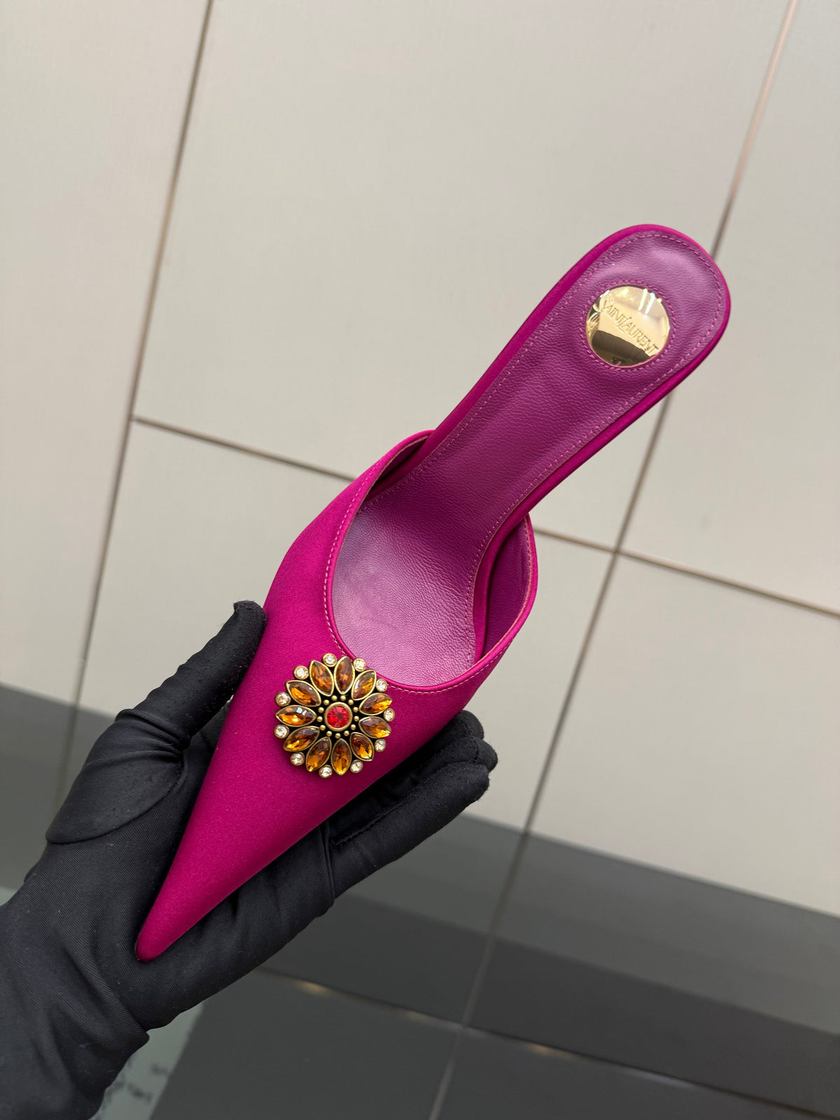 YSL Cosmo Crystal Mules 100mm Pink Calfskin Leather 894618