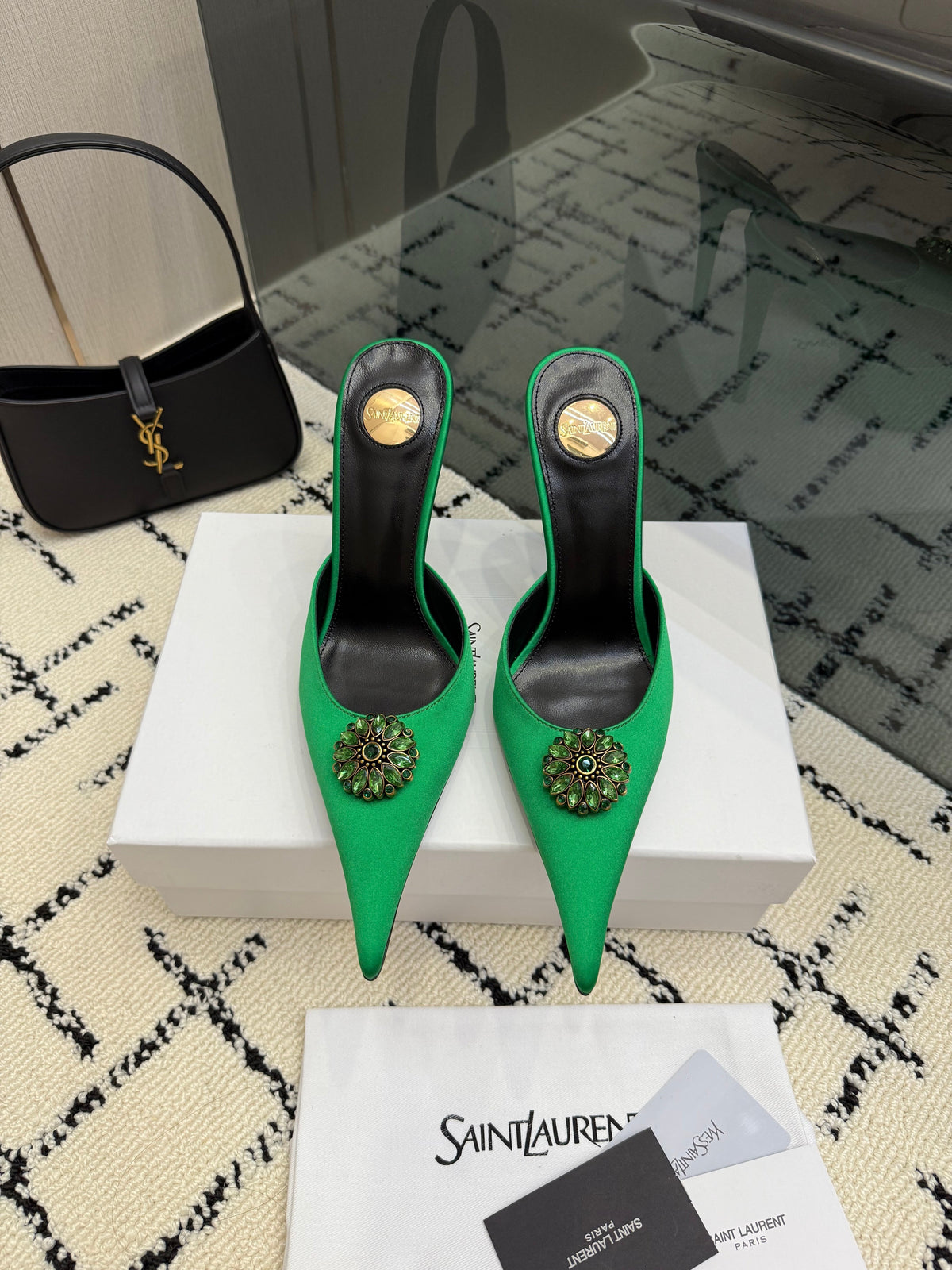 YSL Cosmo Crystal Mules 100mm Green Calfskin Leather 894617