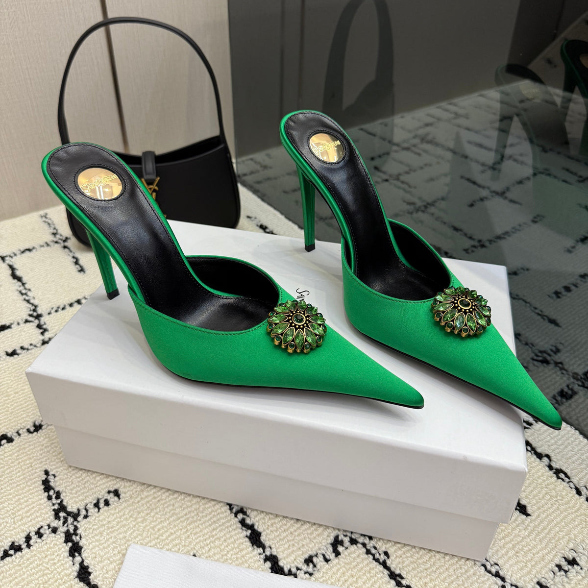 YSL Cosmo Crystal Mules 100mm Green Calfskin Leather 894617