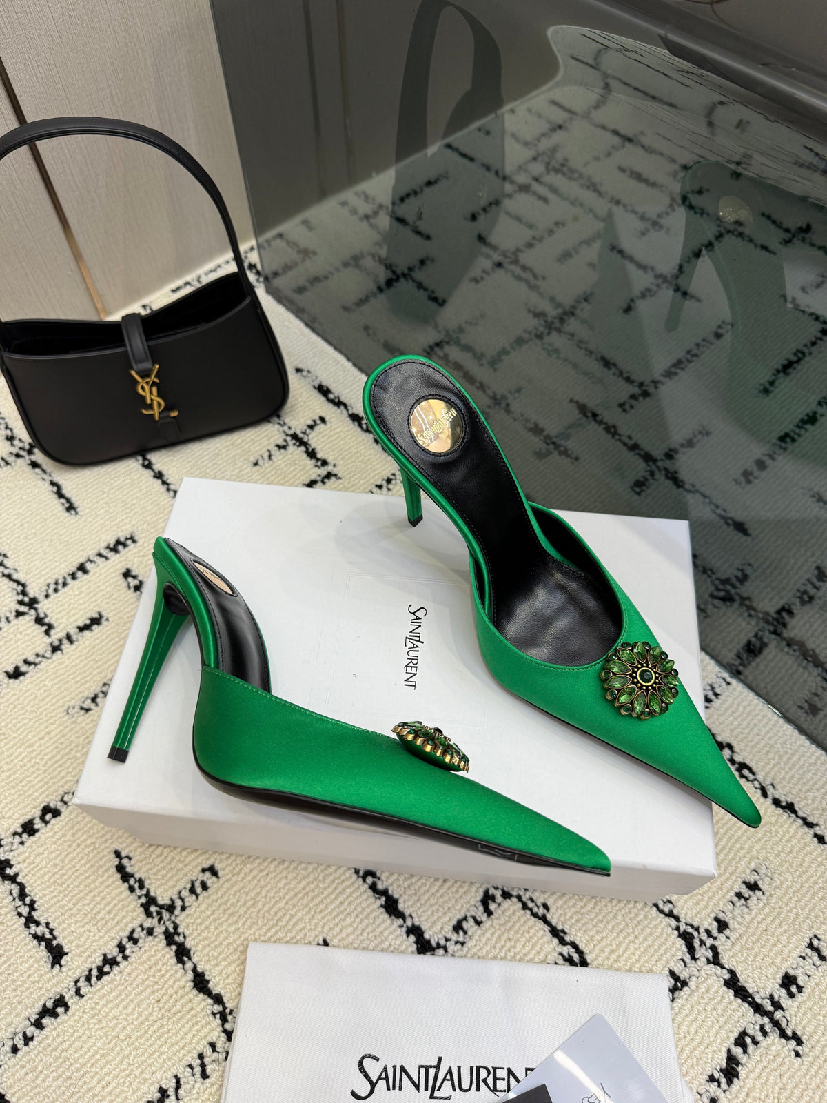 YSL Cosmo Crystal Mules 100mm Green Calfskin Leather 894617