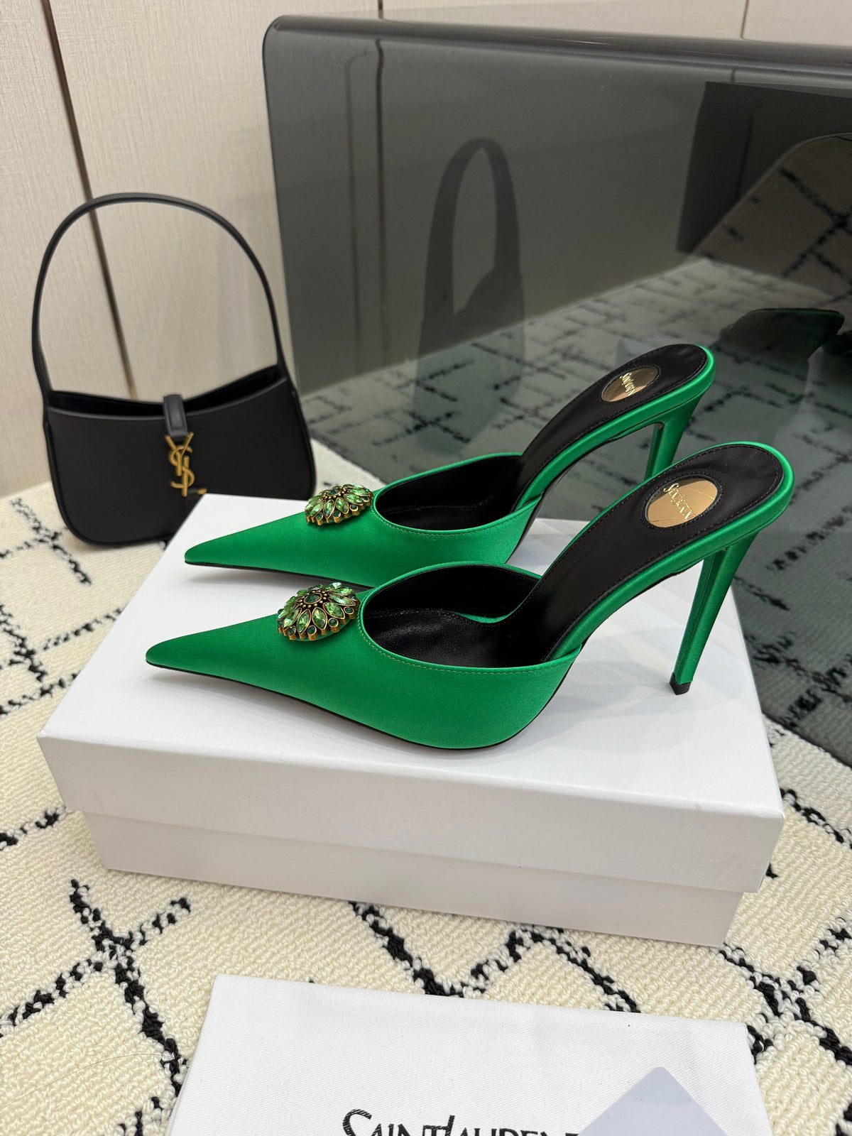 YSL Cosmo Crystal Mules 100mm Green Calfskin Leather 894617