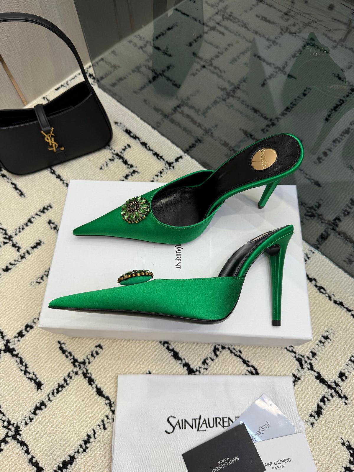 YSL Cosmo Crystal Mules 100mm Green Calfskin Leather 894617