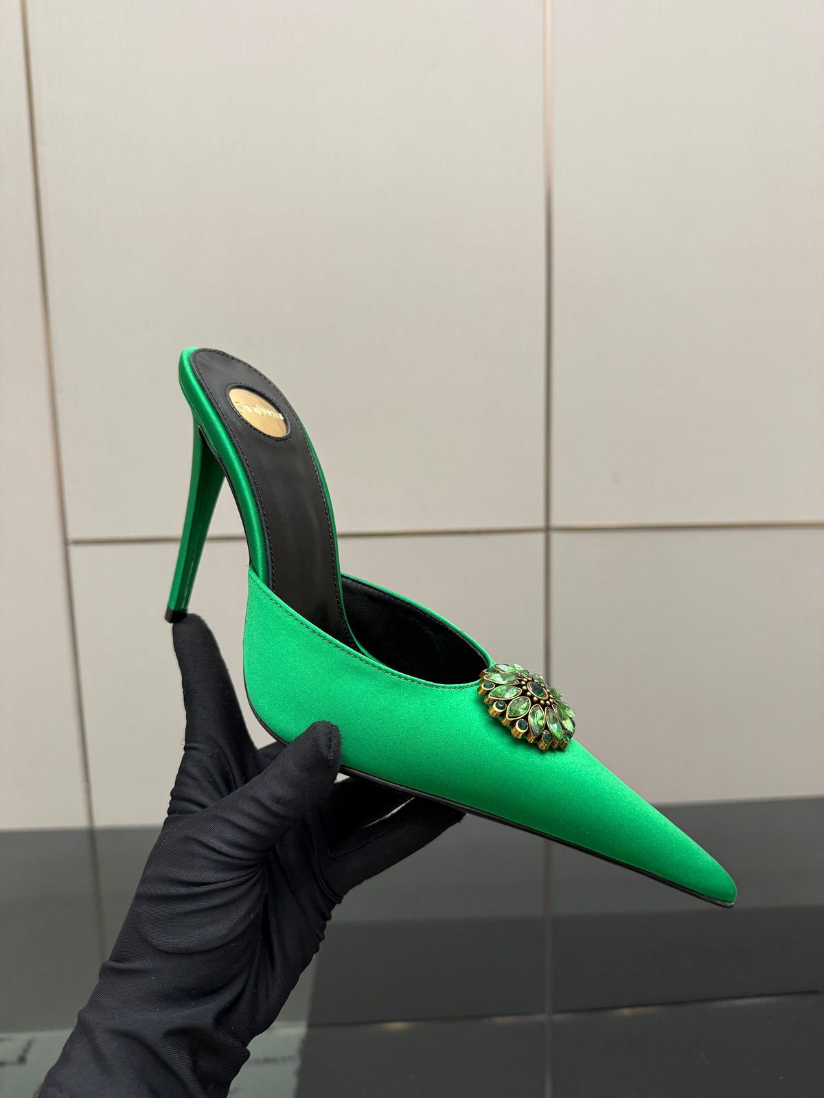 YSL Cosmo Crystal Mules 100mm Green Calfskin Leather 894617