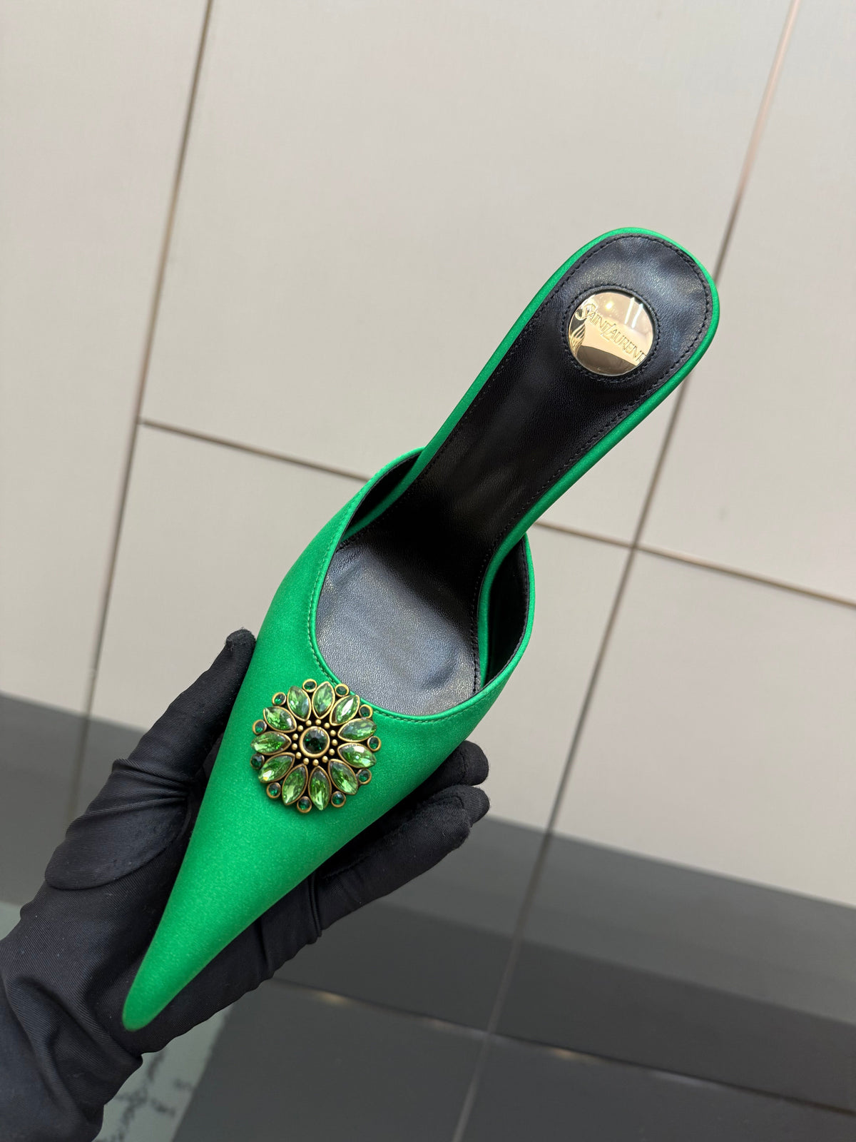 YSL Cosmo Crystal Mules 100mm Green Calfskin Leather 894617