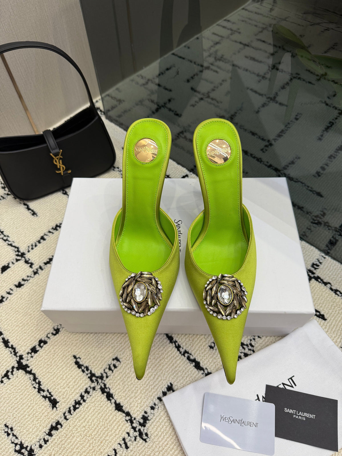YSL Cosmo Crystal Mules 100mm Olive Green Calfskin Leather 894616