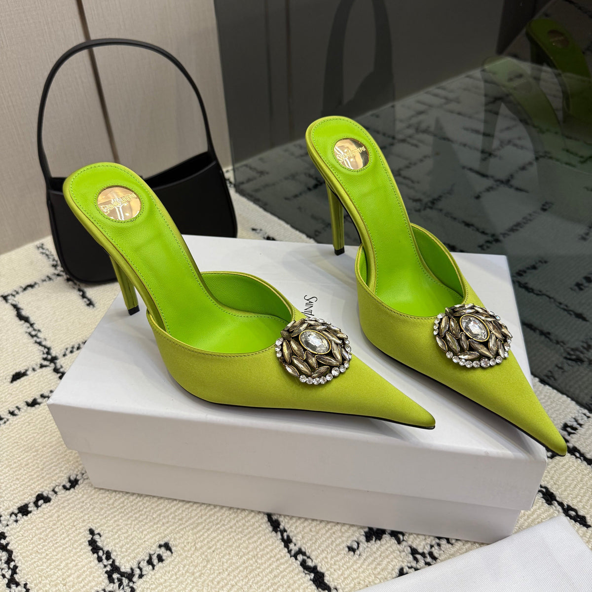 YSL Cosmo Crystal Mules 100mm Olive Green Calfskin Leather 894616