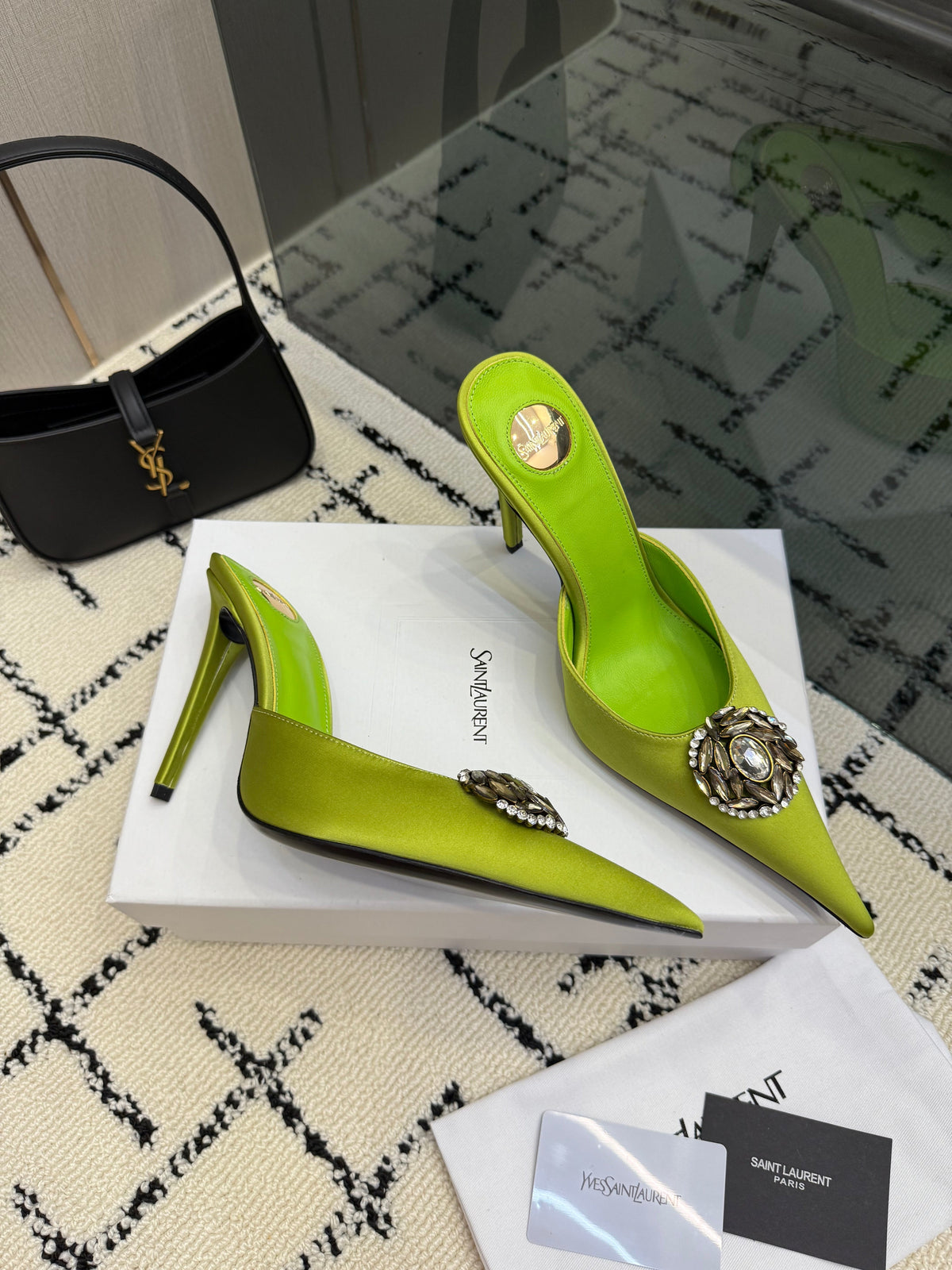 YSL Cosmo Crystal Mules 100mm Olive Green Calfskin Leather 894616