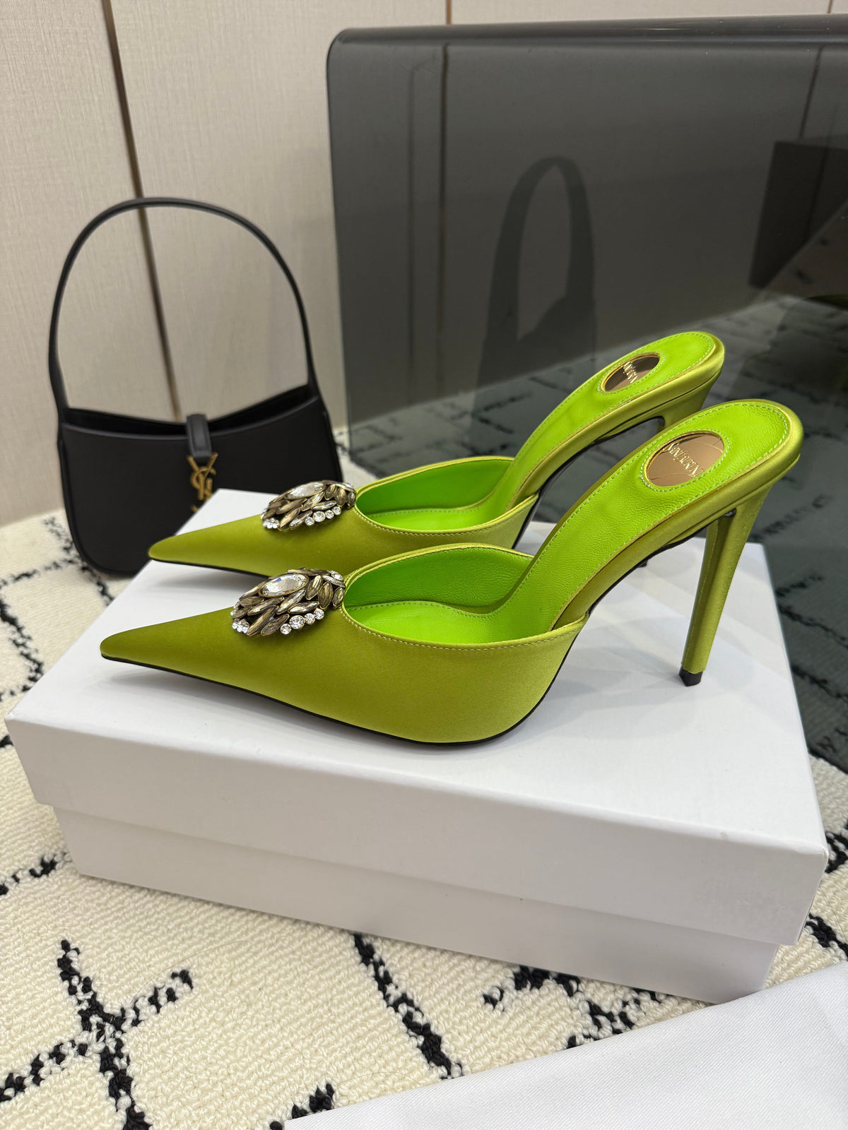YSL Cosmo Crystal Mules 100mm Olive Green Calfskin Leather 894616