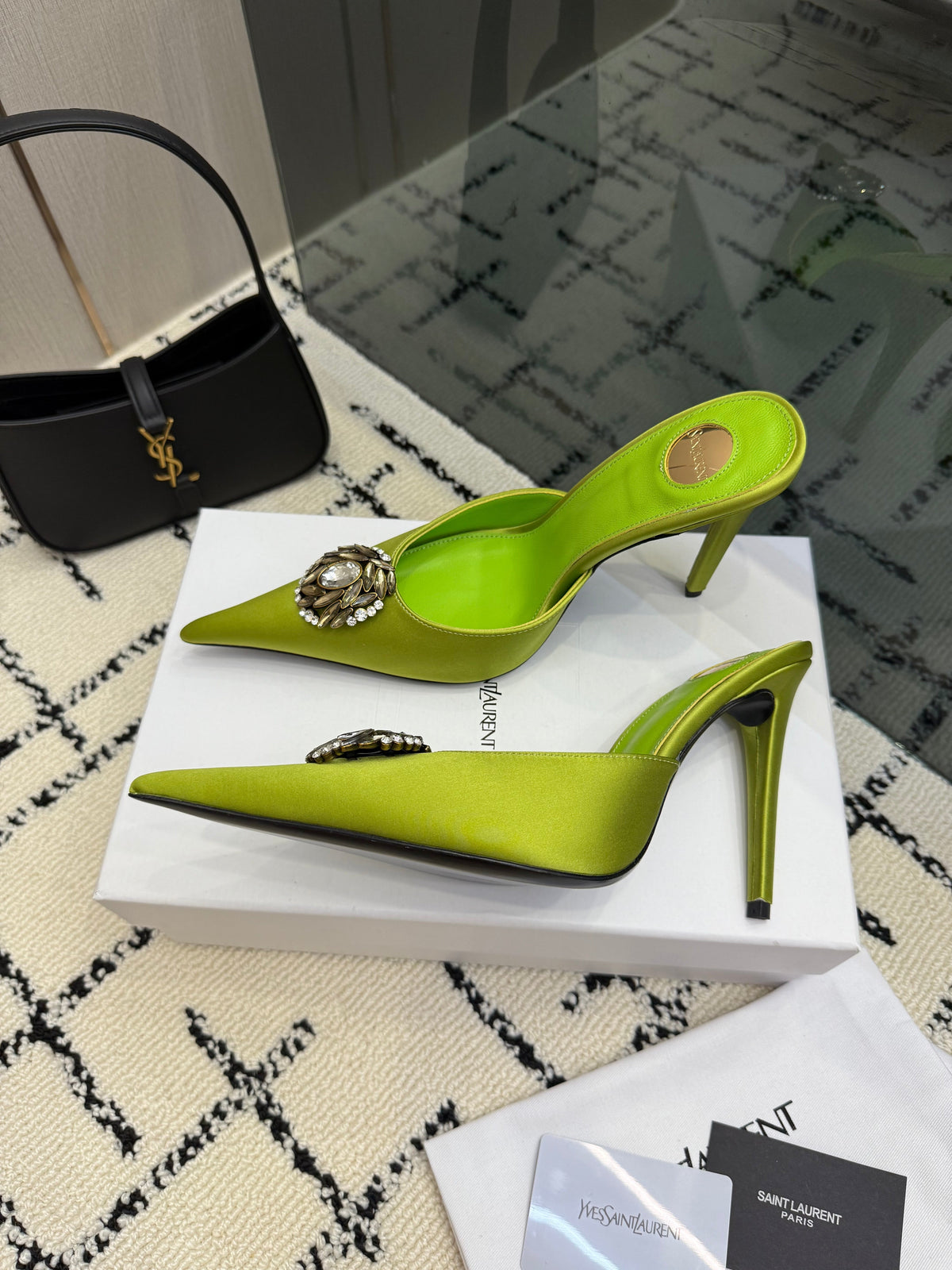 YSL Cosmo Crystal Mules 100mm Olive Green Calfskin Leather 894616