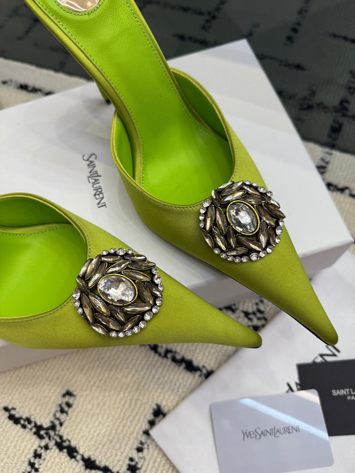 YSL Cosmo Crystal Mules 100mm Olive Green Calfskin Leather 894616
