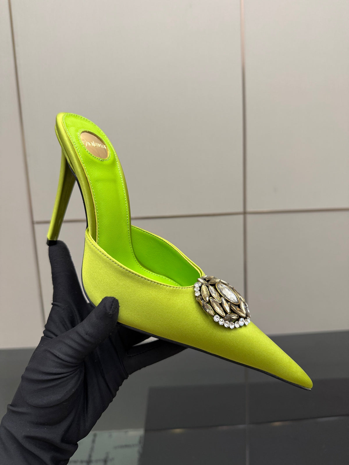 YSL Cosmo Crystal Mules 100mm Olive Green Calfskin Leather 894616