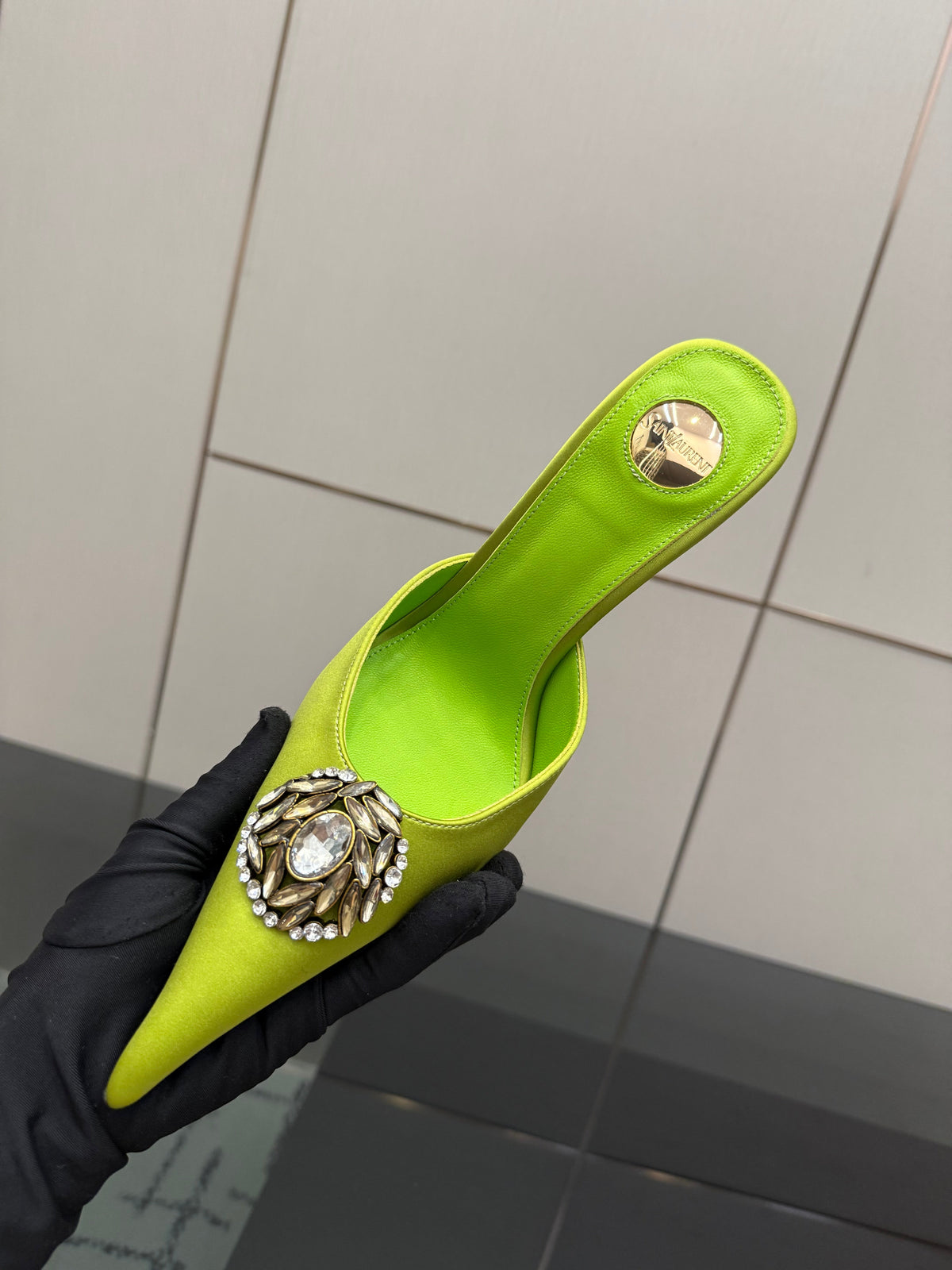 YSL Cosmo Crystal Mules 100mm Olive Green Calfskin Leather 894616