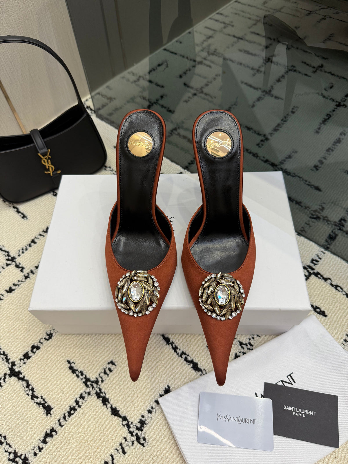 YSL Cosmo Crystal Mules 100mm Brown Calfskin Leather 894615