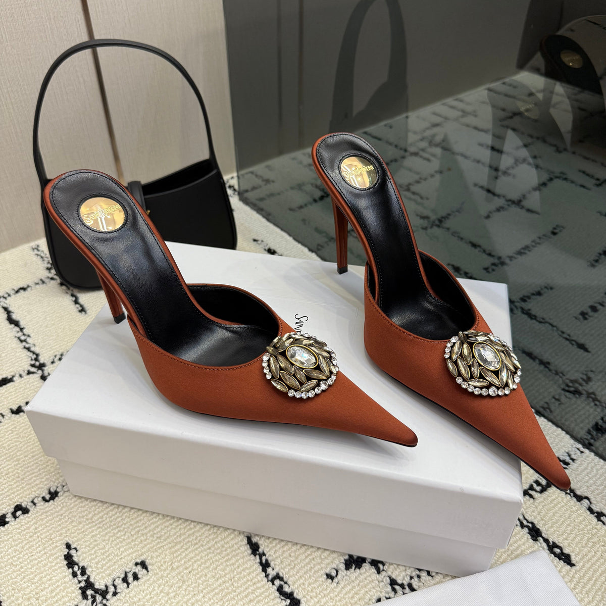 YSL Cosmo Crystal Mules 100mm Brown Calfskin Leather 894615
