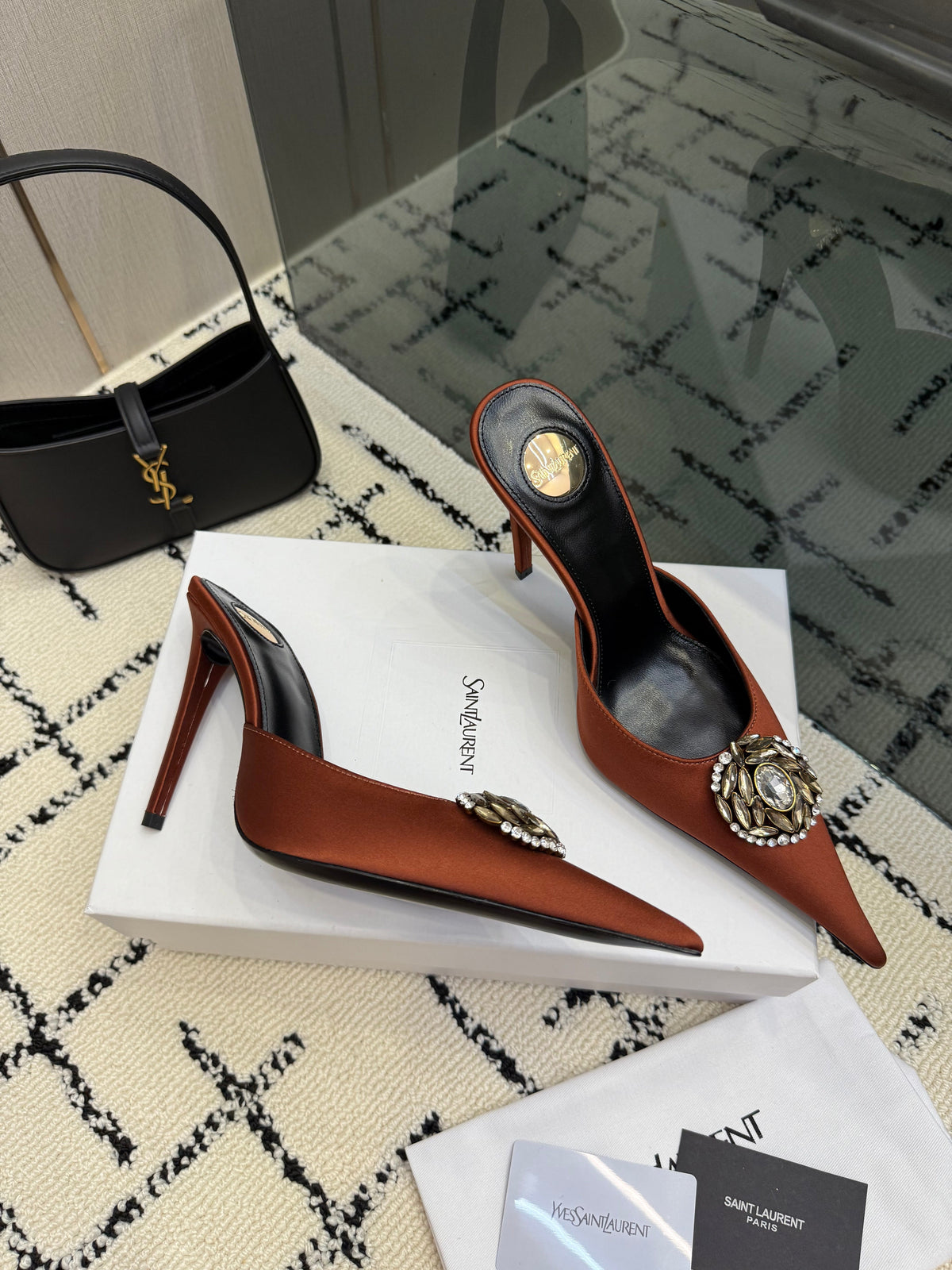 YSL Cosmo Crystal Mules 100mm Brown Calfskin Leather 894615