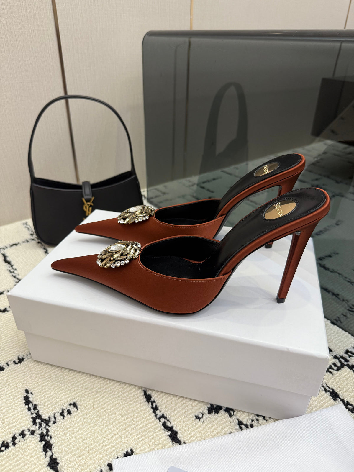 YSL Cosmo Crystal Mules 100mm Brown Calfskin Leather 894615
