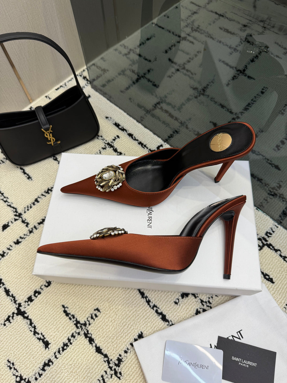 YSL Cosmo Crystal Mules 100mm Brown Calfskin Leather 894615