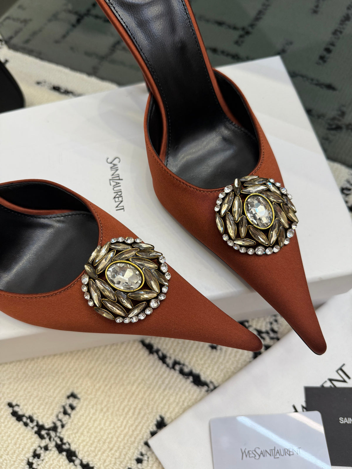YSL Cosmo Crystal Mules 100mm Brown Calfskin Leather 894615