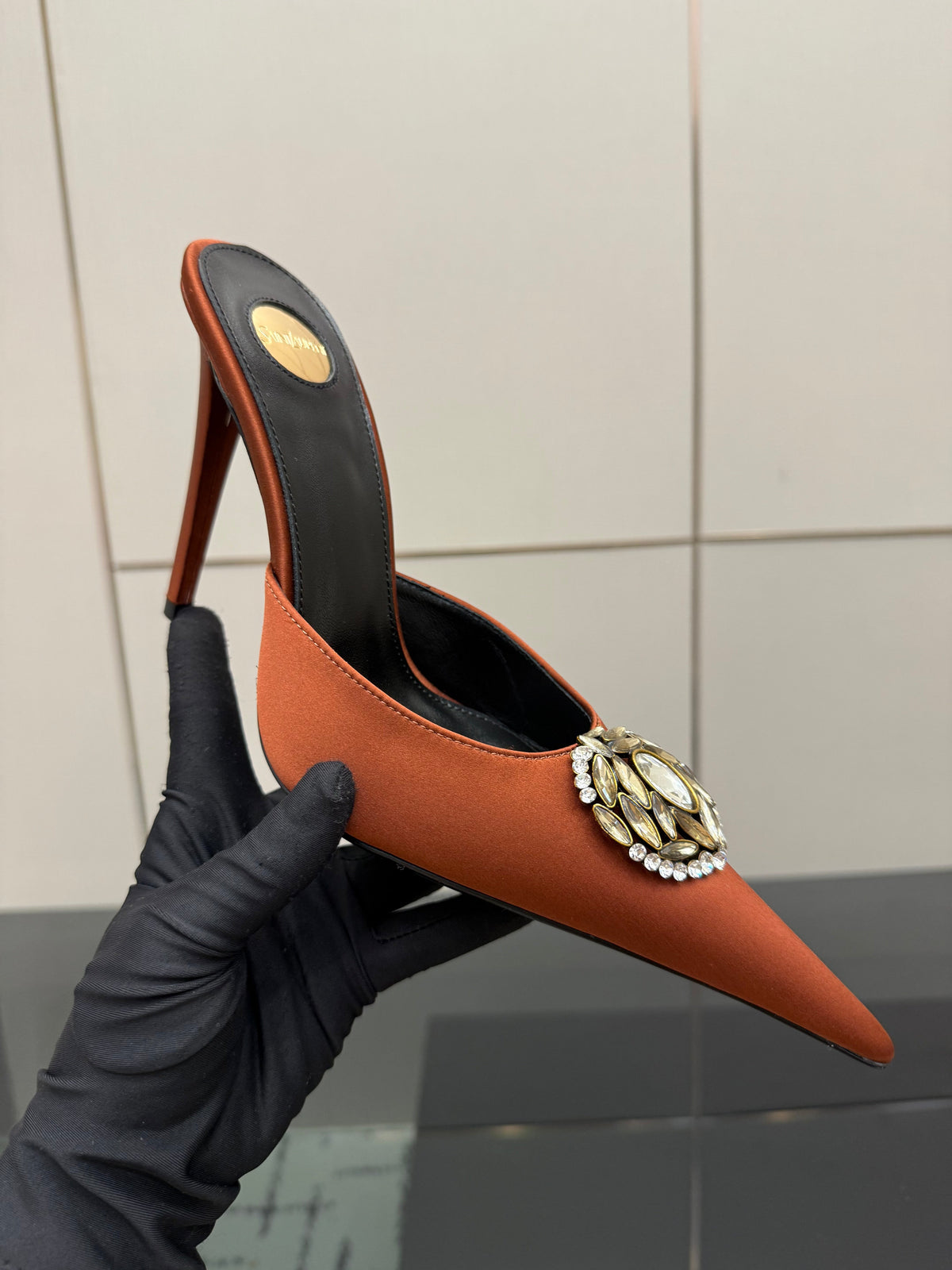 YSL Cosmo Crystal Mules 100mm Brown Calfskin Leather 894615