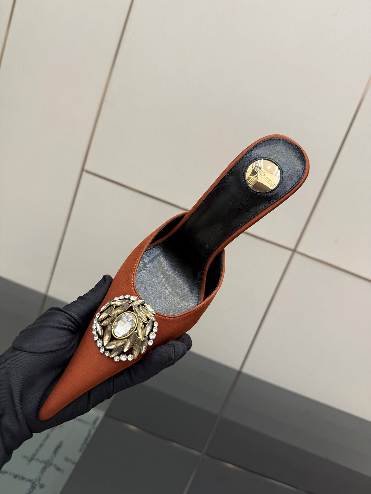 YSL Cosmo Crystal Mules 100mm Brown Calfskin Leather 894615