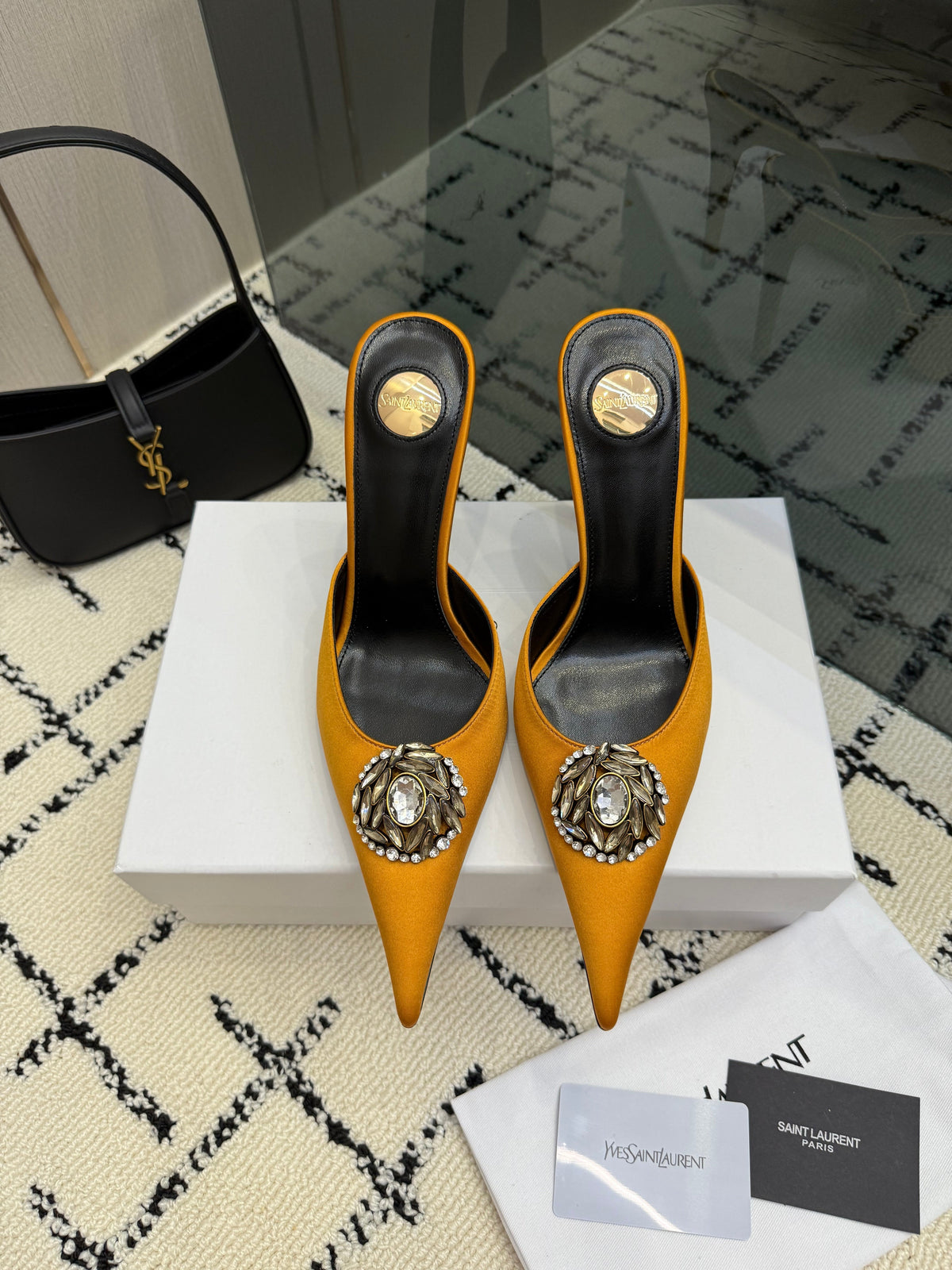 YSL Cosmo Crystal Mules 100mm Tan Calfskin Leather 894614
