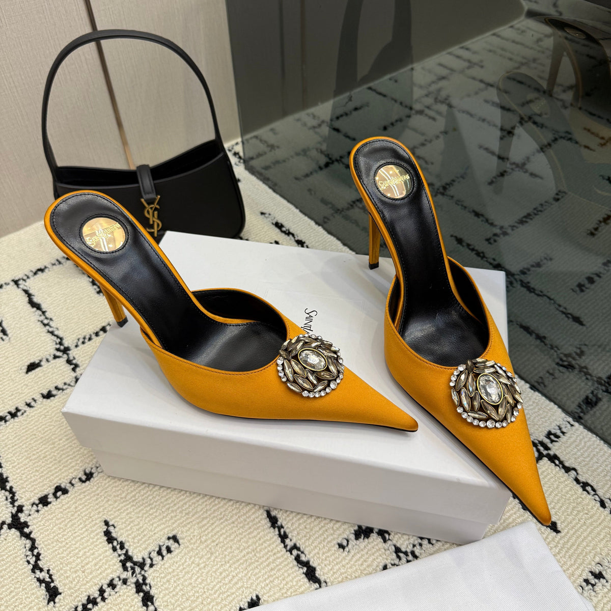 YSL Cosmo Crystal Mules 100mm Tan Calfskin Leather 894614