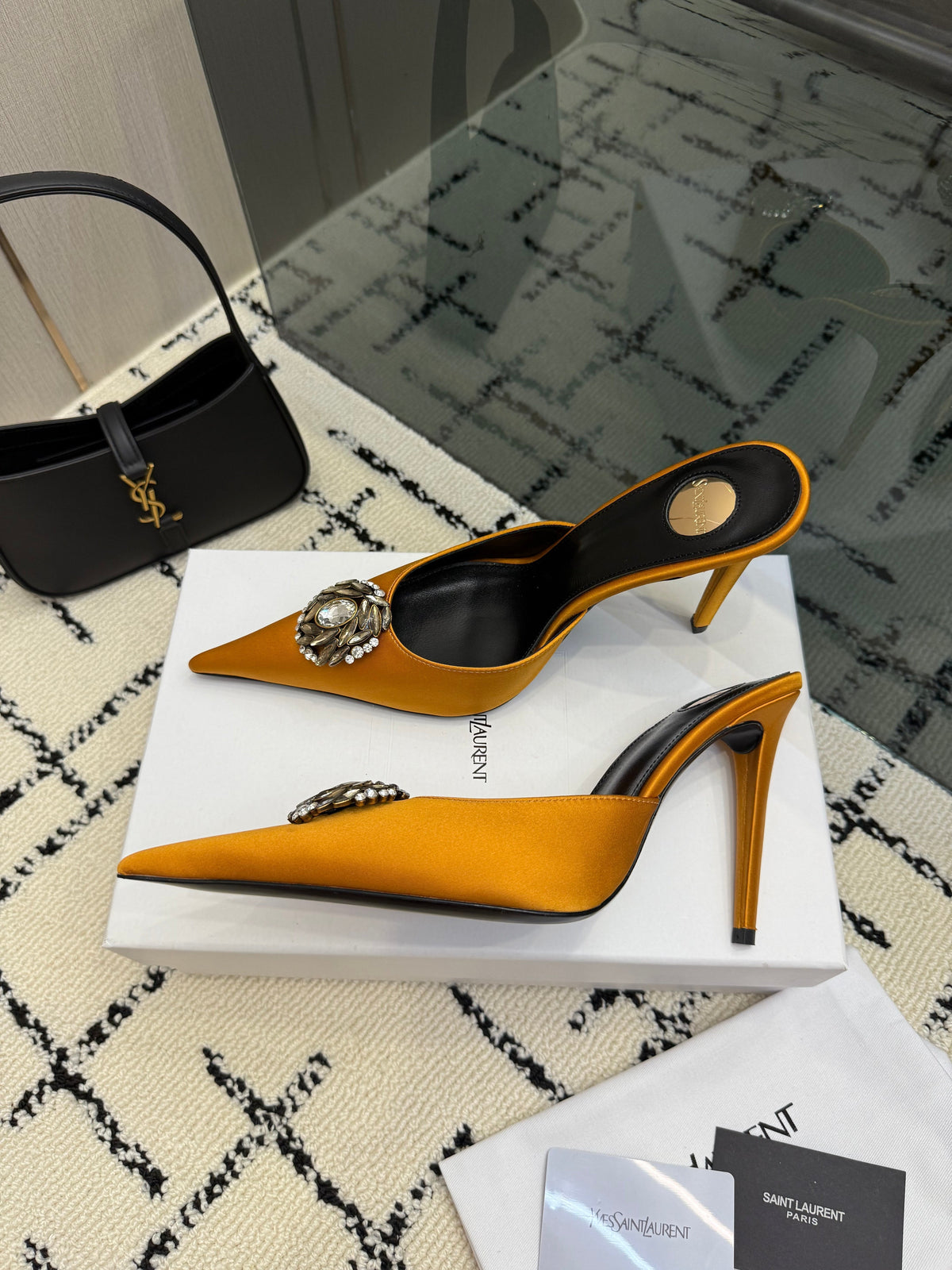 YSL Cosmo Crystal Mules 100mm Tan Calfskin Leather 894614