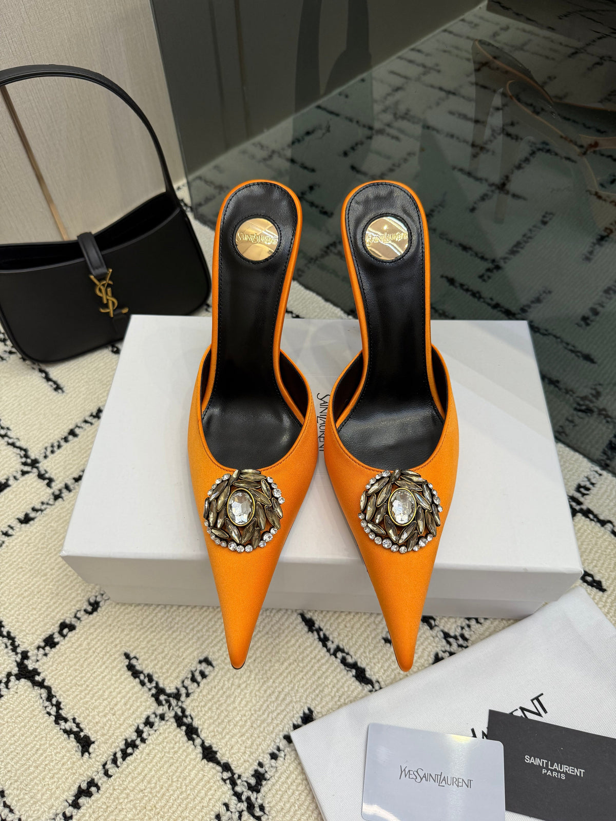 YSL Cosmo Crystal Mules 100mm Orange Calfskin Leather 894613