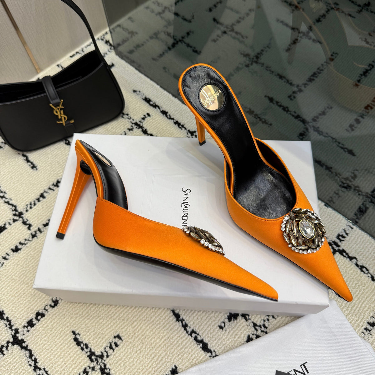YSL Cosmo Crystal Mules 100mm Orange Calfskin Leather 894613