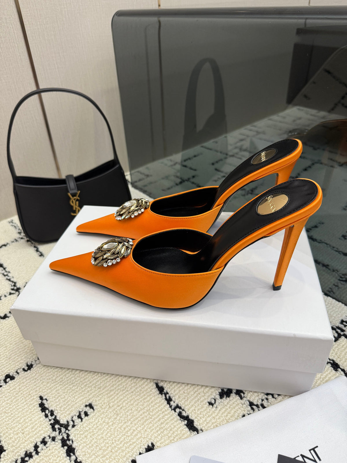 YSL Cosmo Crystal Mules 100mm Orange Calfskin Leather 894613