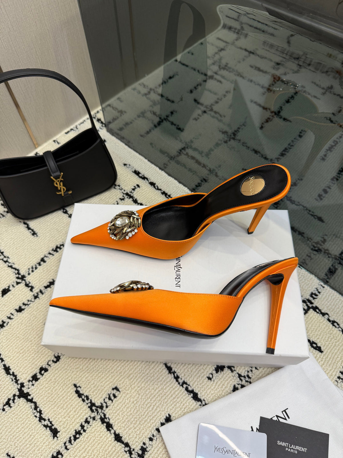 YSL Cosmo Crystal Mules 100mm Orange Calfskin Leather 894613