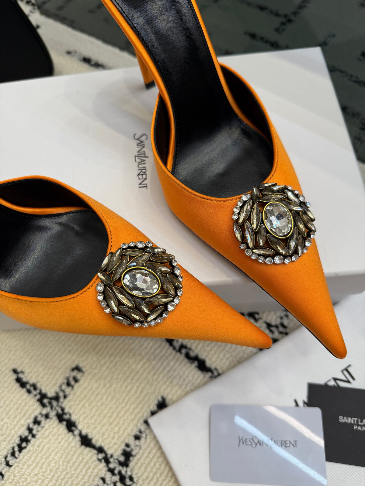 YSL Cosmo Crystal Mules 100mm Orange Calfskin Leather 894613