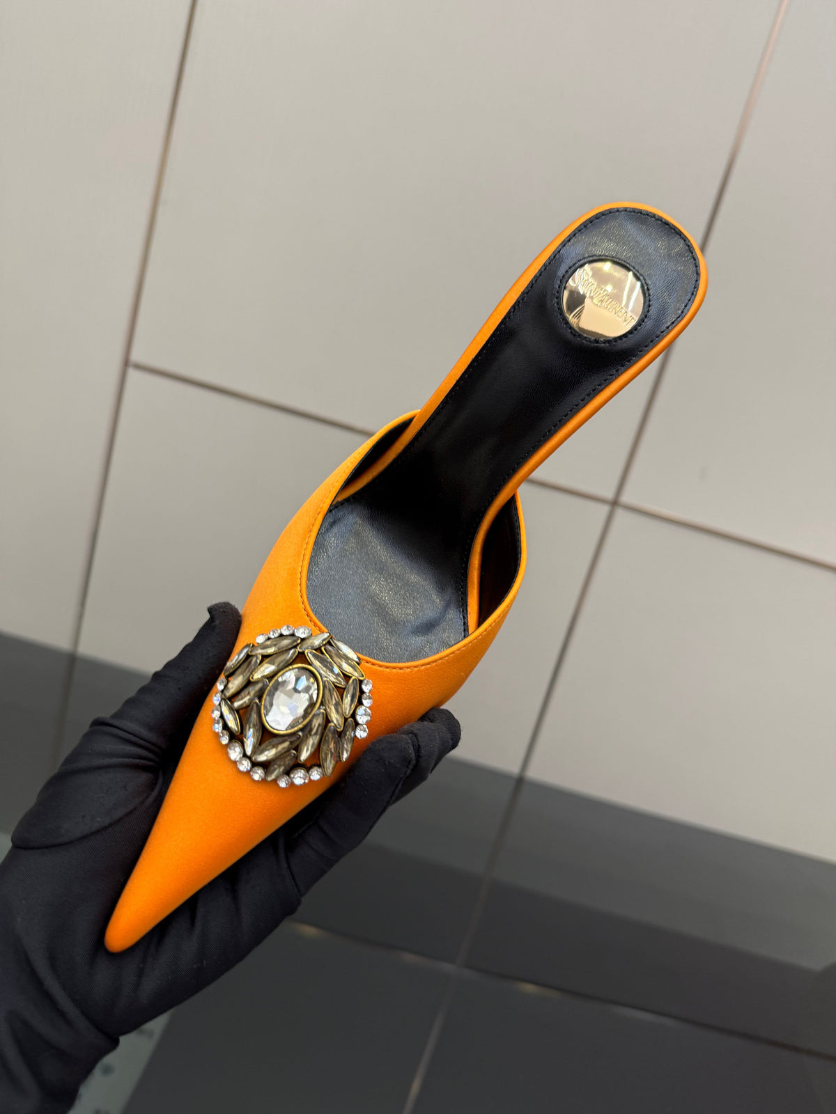 YSL Cosmo Crystal Mules 100mm Orange Calfskin Leather 894613