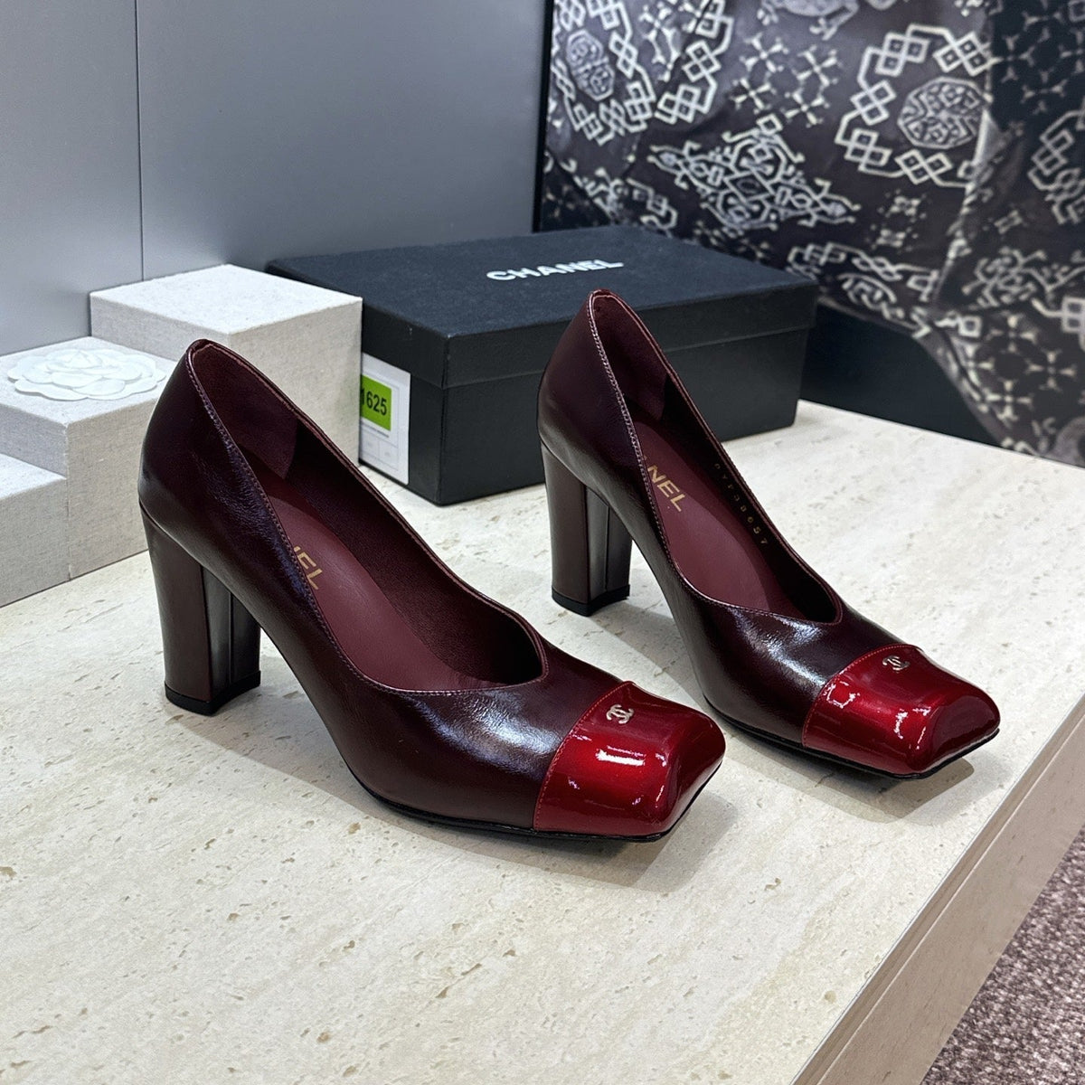 CC Square Toe Block Heel Pumps 90mm Burgundy Patent Leather 896862