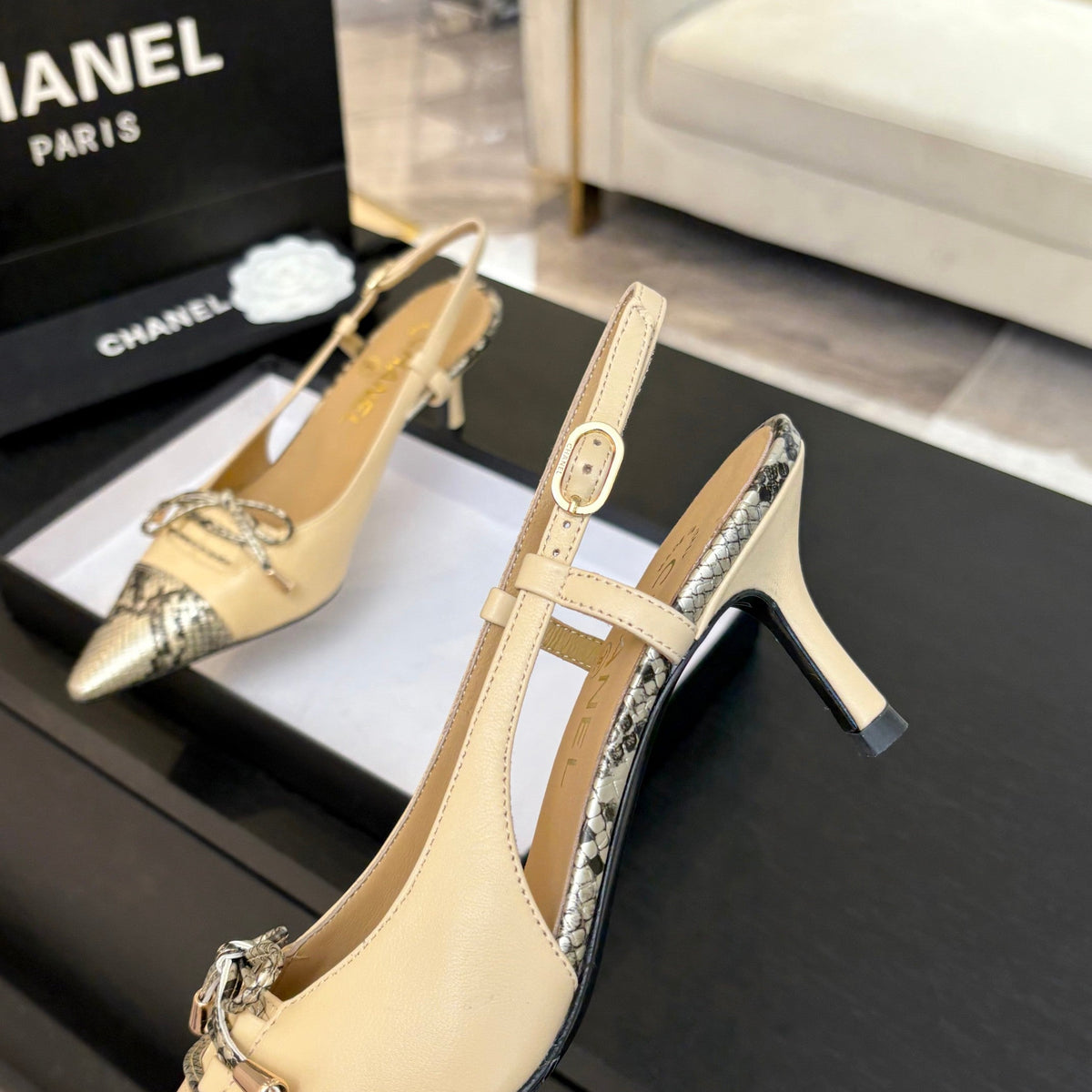 CC Snake Print Cap Toe Bow Slingback Pumps 6.5cm Beige Leather 912931