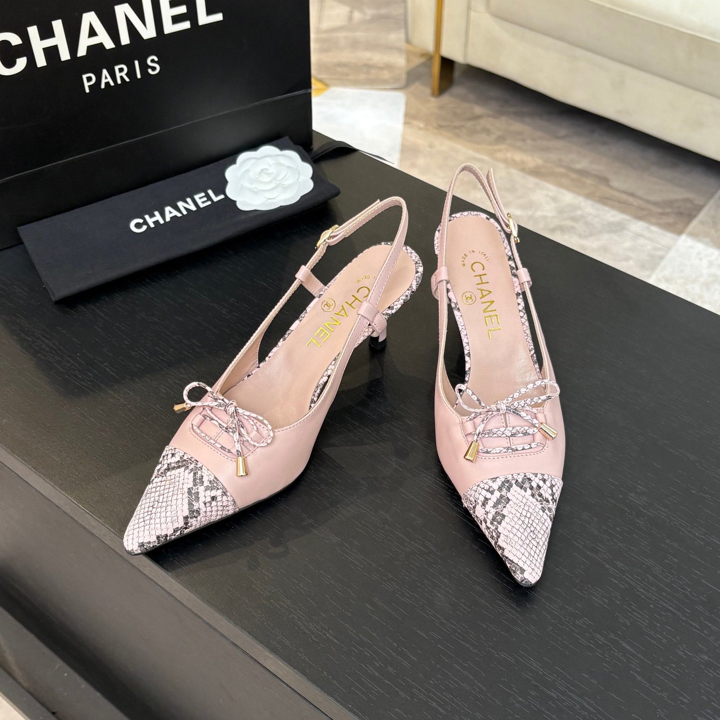 CC Snake Print Cap Toe Bow Slingback Pumps 6.5cm Pink Leather 912930