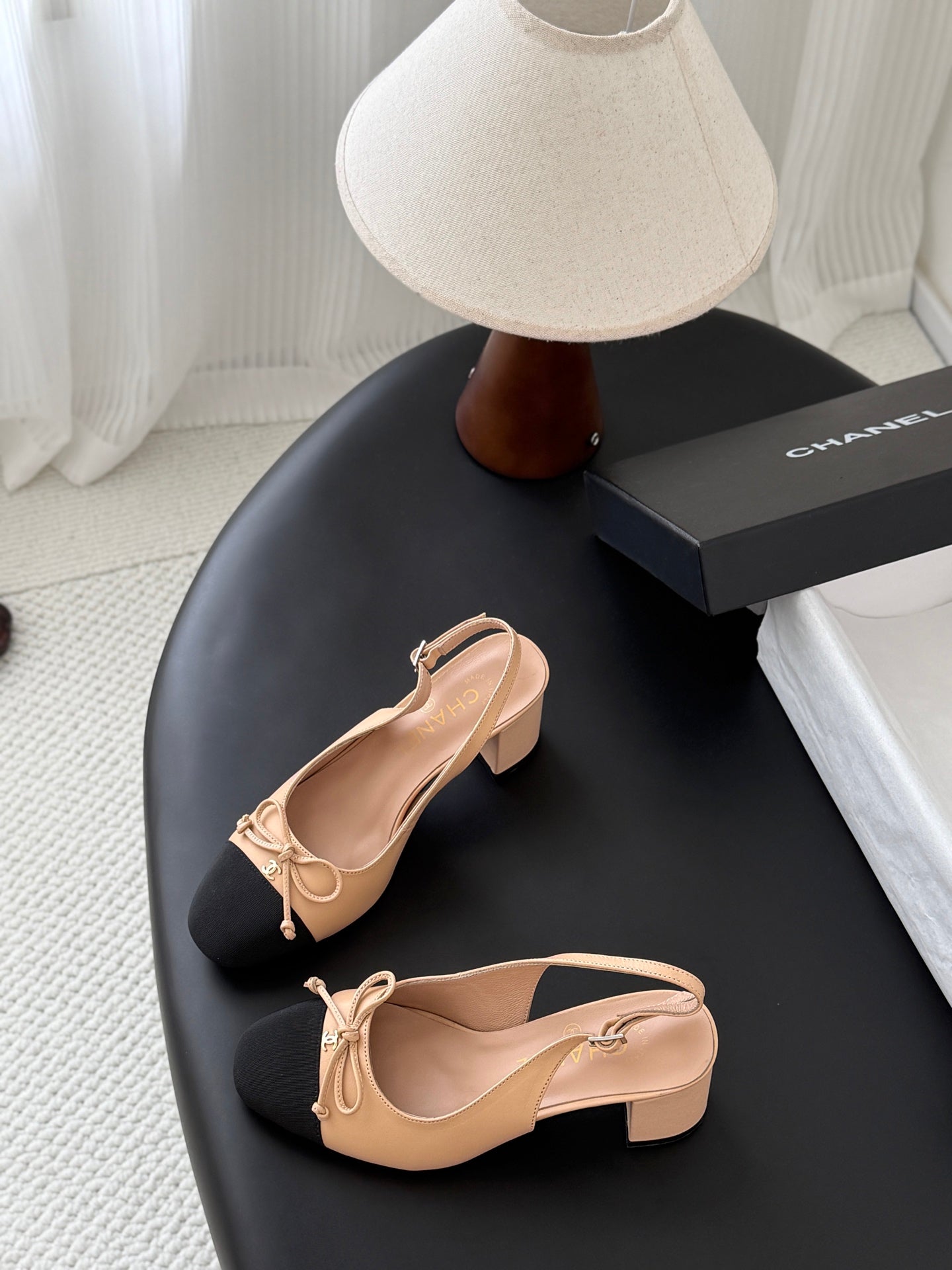 CC Square Toe Slingback Pumps Black Beige Leather 915052