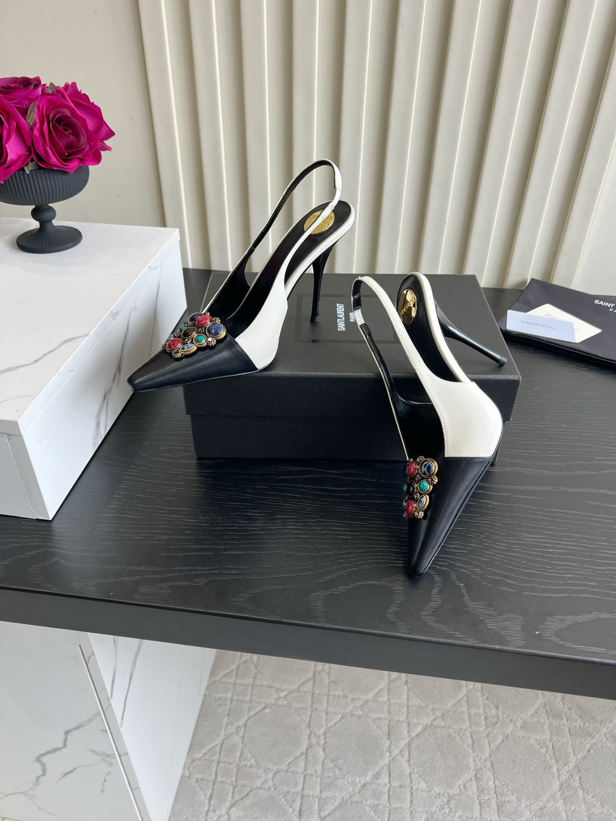 YSL Iceland Slingback Pumps 10CM Crystal Embellishment Black White Leather 956515