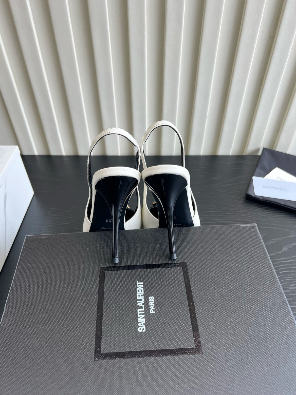 YSL Iceland Slingback Pumps 10CM Crystal Embellishment Black White Leather 956515