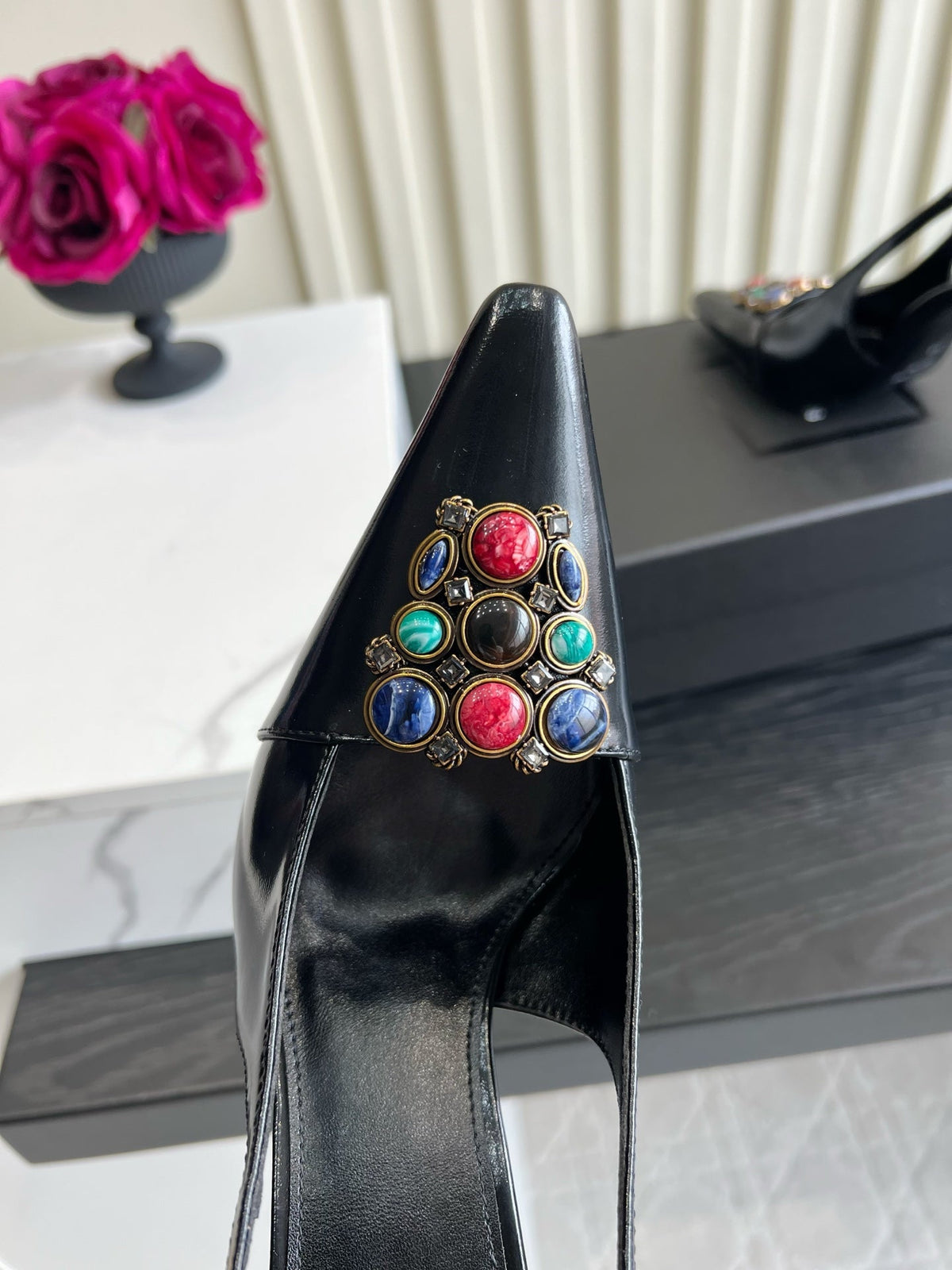 YSL Iceland Slingback Pumps 10CM Crystal Embellishment Black Leather 956512
