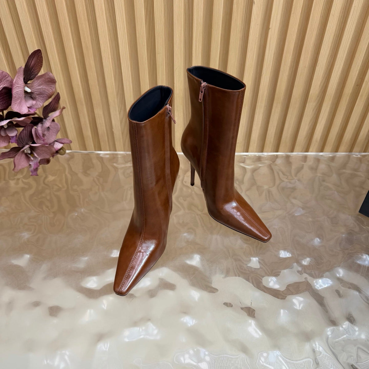 YSL Pointed-Toe Stiletto Ankle Boots 8CM Dark Brown Leather 955829