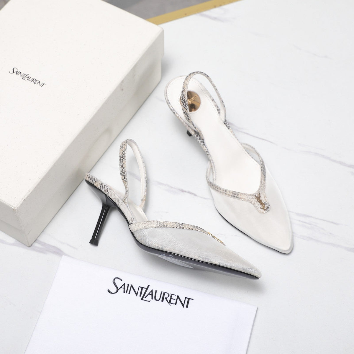 YSL Folie Slingback Pumps 6.5cm Beige Mesh Black Leather 961600