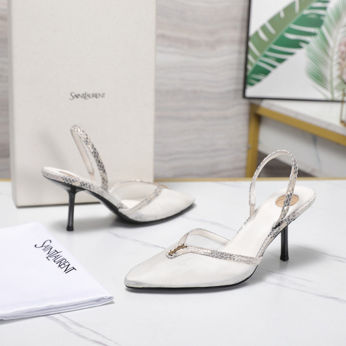 YSL Folie Slingback Pumps 6.5cm Beige Mesh Black Leather 961600