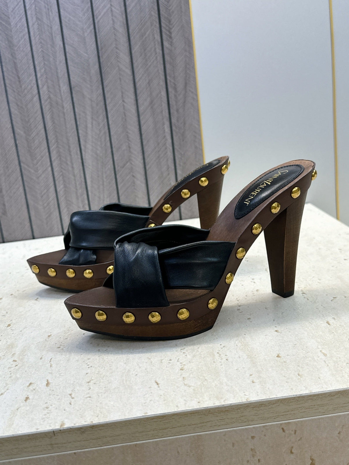 YSL 26S Platform Mules 9cm Knotted Strap Gold Studs Black Leather 118789