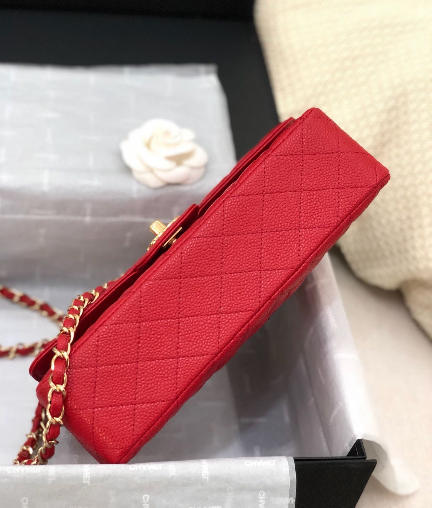 CC Double Flap Bag 25cm Red Quilted Caviar Leather 178751