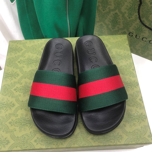 GG Web Slide Sandals Black Green Rubber Cotton 788219