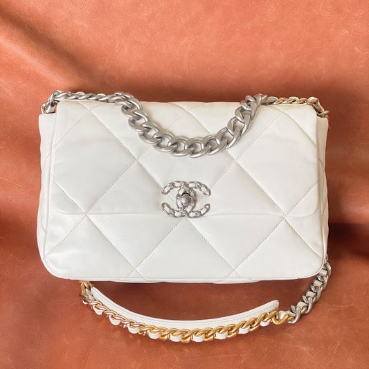 CC 19 Handbag 25cm White Calfskin Gold Hardware mix Sliver Hardware