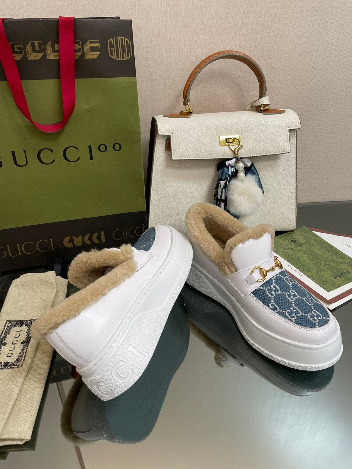 GG LOAFER IN BLUE JACQUARD MIX WHITE CALFSKIN WITH BEIGE WOOL LINING