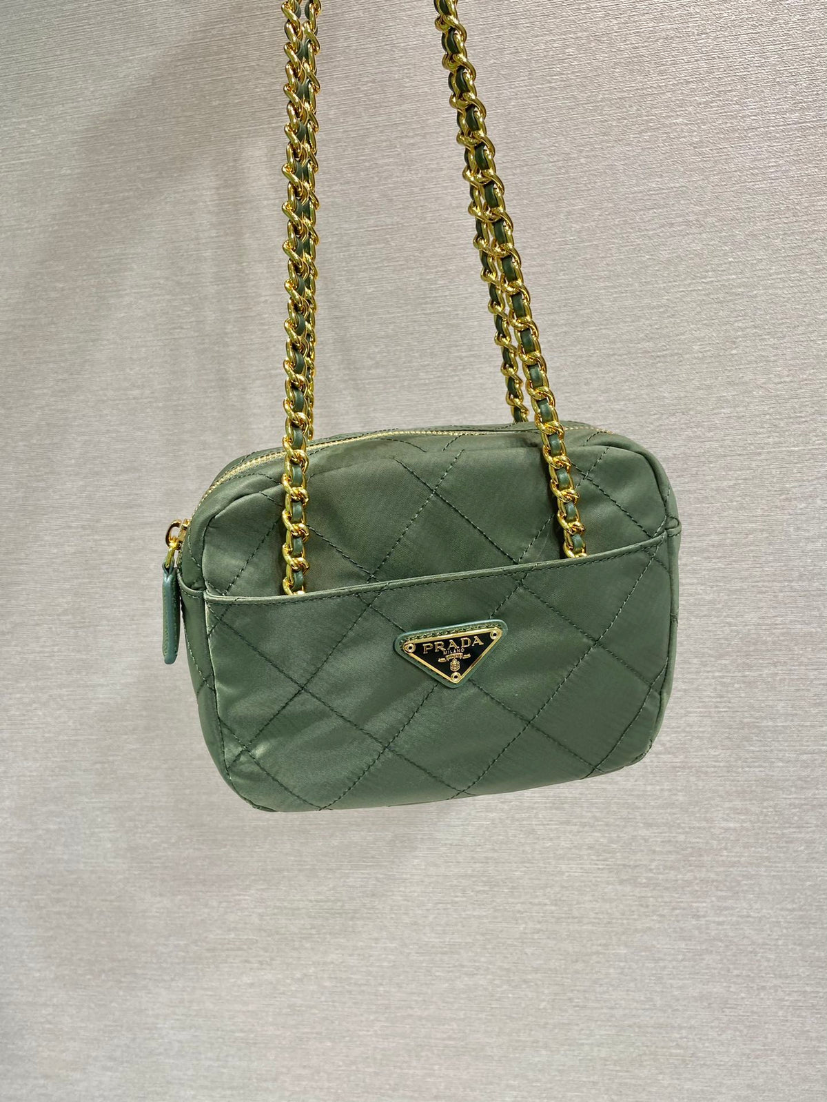 QUILTED HOBO BAG 19 IN PICKLE GREEN HANDMADE NYLON GOLD HARDWARE