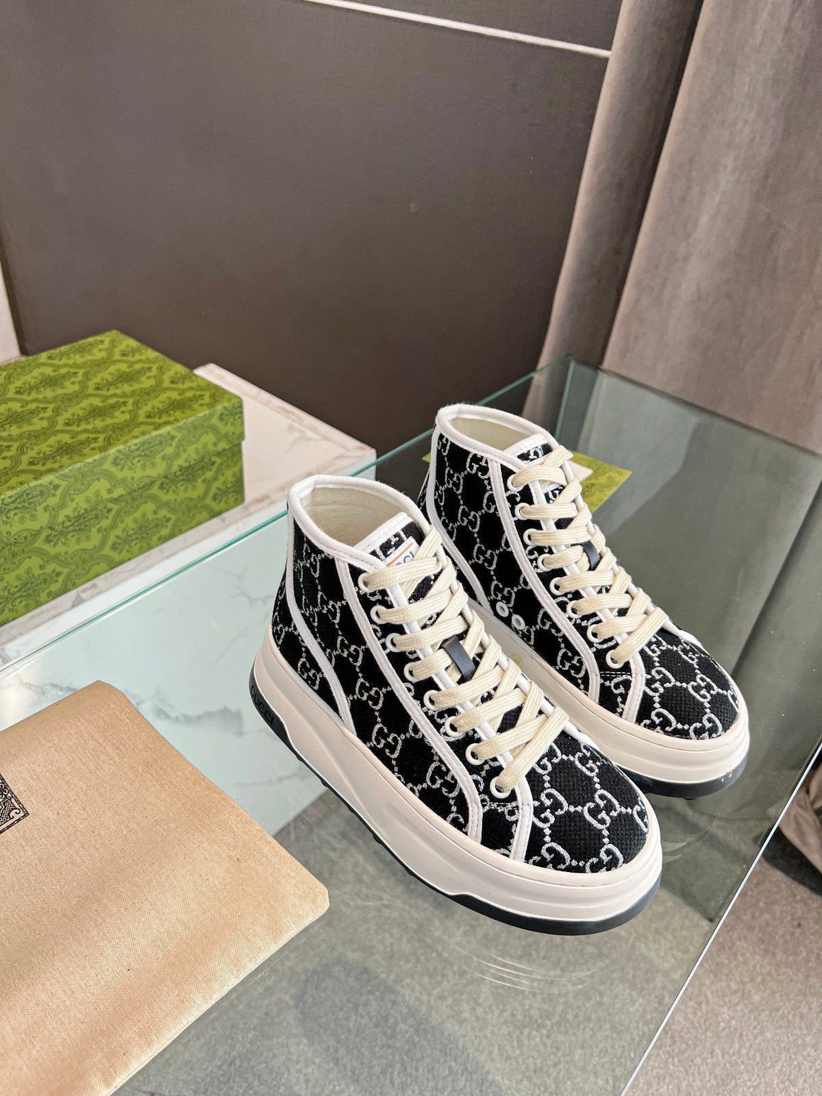 GG High Top Sneakers 50mm Black White Monogram Canvas 457434